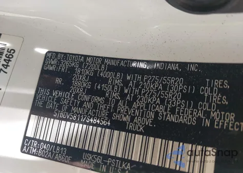 2007 Toyota Tundra Limited 5.7L V8 z USA, uszkodzony, nr VIN 5TBDV58117S484564